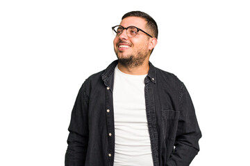 Canvas Print - Young caucasian man isolated relaxed and happy laughing, neck stretched showing teeth.