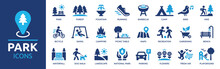 Park Icon Set. Containing Forest, Barbecue, Camp, Bench, Picnic And Playground Icons. Park Leisure And Outdoor Activity Symbols. Solid Icon Collection.