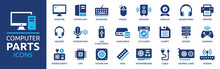 Computer Parts Icon Set. Computer Components Icons Containing Monitor, Server, Cpu, Hard Drive, Ram, Webcam, Printer And More. Solid Icon Collection.