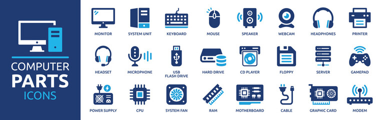 Aufkleber - Computer parts icon set. Computer components icons containing monitor, server, cpu, hard drive, ram, webcam, printer and more. Solid icon collection.