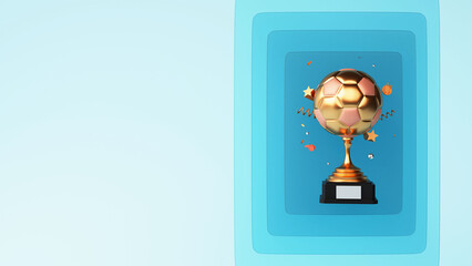 Canvas Print - 3D Render Of Golden Football Trophy Cup With Medal, Whistle, Stars On Blue Background And Copy Space.