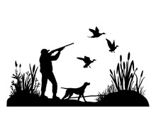 Hunter With Dog Aiming With His Rifle On Ducks. Outdoor Hunting Scene. Vector Silhouette Of Birds Hunting Isolated On White.