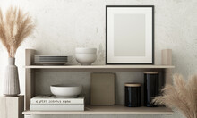 Mockup Poster Frame Close Up On Light Gray Concrete Cement Wall In Kitchen Wood Shelf With White Flowers And Surrounding By Decoration Mock Up. 3D Render