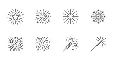 Firework Line Icon Set. Christmas Sparkler Confetti, Firecracker Minimal Vector Illustration. Simple Outline Sign For New Year Celebration Party. Editable Stroke