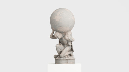 Atlas Statue Holding up the globe earth Celestial Heavens Pure White concrete cement texture. 3d illustration render