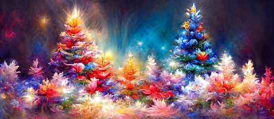 Wall Mural - Christmas time. Abstract paint art of christmas trees in colorful glowing winter landscape. Digital art image.