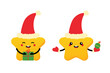Couple of cute cartoon style star characters celebrating Christmas, wearing Santa hats, holding gifts and ornaments.
