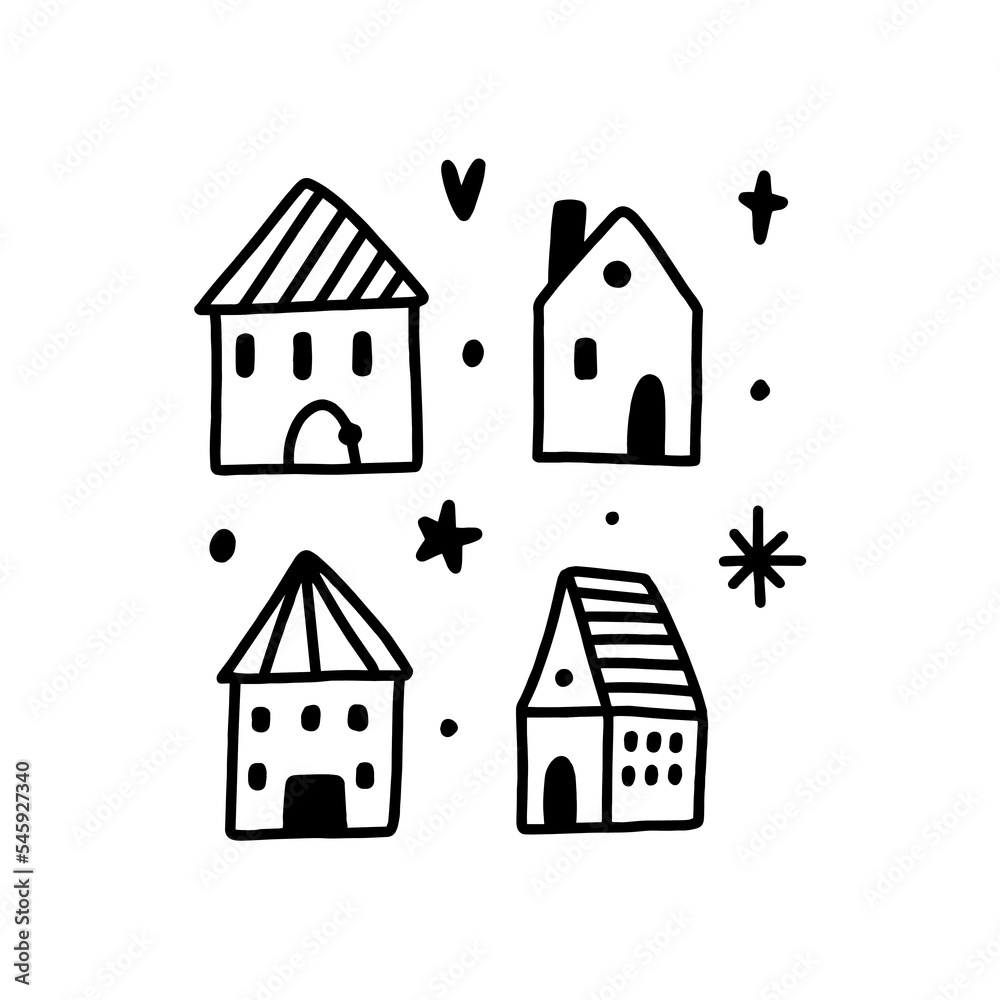 Cute little doodle cartoon houses set building flat vector clipart hand ...