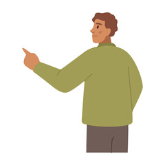 Poster - Presenter pointing with finger, isolated man working on business project progress. Male completing tasks. Flat cartoon character, vector in flat style