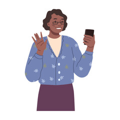 Aufkleber - Female character communicating via phone, video call saying hi and greeting online. Woman with gadget gesturing and smiling to cell. Vector in flat cartoon style