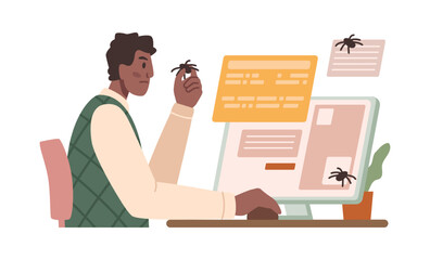 Aufkleber - Programmer finding bugs in software, testing and fixing. Male sitting by computer improving work of programs and websites online. Vector in flat cartoon style
