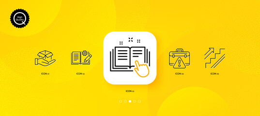 Aufkleber - Hold box, Engineering documentation and Stairs minimal line icons. Yellow abstract background. Technical documentation, Warning briefcase icons. For web, application, printing. Vector