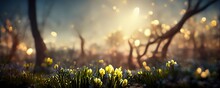 Spring Seasonal Background. Green Forest With Rees During Spring Season With Warm Sunlight Beautiful Nature Scene 3d Render	