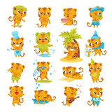 Fototapeta Pokój dzieciecy - Set of cute baby tiger characters in different activities. Funny little wild animal skateboarding, cooking, catching butterflies with net, doing sports, playing guitar cartoon vector