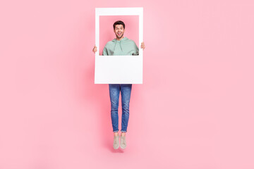 Aufkleber - Full length photo of optimistic boy stylish outfit hold big frame want change instagram twitter avatar isolated on pink color background
