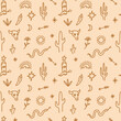 © Knstart Studio - Boho seamless pattern with western desert cartoon ornamental wallpaper. Cowboy boot, bull animal skull, chili pepper, snakes, cacti, arrows, celestial and floral elements collection. Wild west