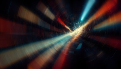 Wall Mural - Light motion. Defocused glow. Bokeh rays. Blur red orange blue color beam radiance whirl on dark black collage abstract background.