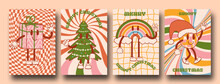 Groovy Hippie Christmas Greeting Card.  Christmas Tree, Rainbow, Gift, Smile In Trendy Retro Cartoon Style. Funky 70s Posters Of Comic Characters.
