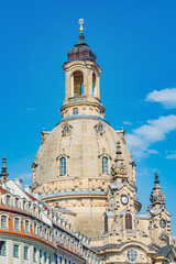 Wall Mural - Church of Our Lady at Neumarkt square in downtown of Dresden in summer sunny day with blue sky, Germany, details, closeup.