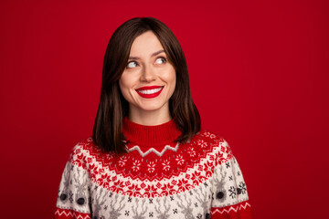 Sticker - Portrait of positive cheerful cute optimistic woman with bob hairdo wear red sweater look empty space isolated on red color background