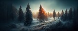 Fototapeta Na ścianę - Dreamy winter season background with a forest landscape and snow. Trees during the winter season with warm sunlight. Beautiful nature scene 3d render.