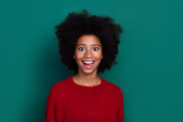 Sticker - Portrait of astonished cheerful school girl toothy smile unbelievable isolated on green color background