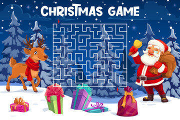 Aufkleber - Christmas labyrinth maze, help deer to find Santa quiz game. Vector worksheet of kids puzzle with square labyrinth and winter holiday characters. Cartoon Santa Claus with gift bag and present boxes