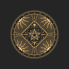 Canvas Print - Occult sign, occultism, alchemy and astrology symbol, talisman with pentagram star, sun and moon. Vector sacred religion mystic emblem, esoteric icon