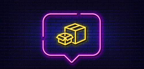 Poster - Neon light speech bubble. Packing boxes line icon. Delivery parcel sign. Cargo box symbol. Neon light background. Packing boxes glow line. Brick wall banner. Vector