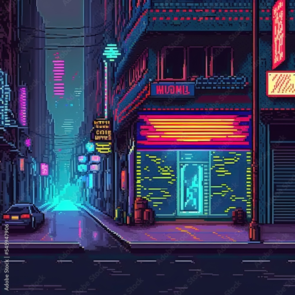 Cyberpunk neon city night. Futuristic city scene in a style of pixel ...