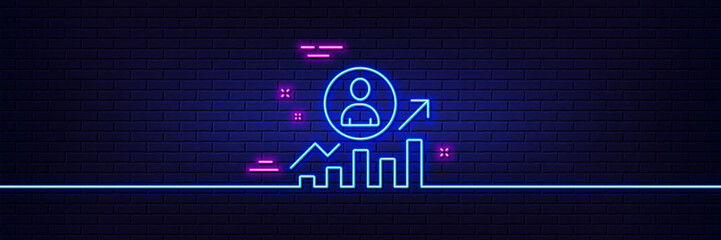 Poster - Neon light glow effect. Business results line icon. Career Growth chart sign. 3d line neon glow icon. Brick wall banner. Career ladder outline. Vector