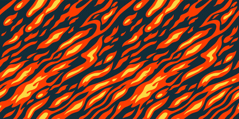Aufkleber - Orange and Yellow Flame on Dark Background. Vector Seamless Pattern. Cartoon Fire Texture. Abstract Background with Smoke and Flames