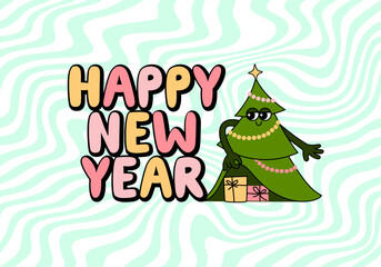Aufkleber - Groovy Funky Illustration with Playful Christmas Tree, Gifts and New Year Text. Vector Character in Vintage Style. Christmas and New Year Modern Card