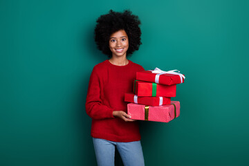 Canvas Print - Photo portrait of nice pupil girl stack gifts chrismas morning party dressed stylish red knitwear look isolated on green color background