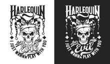 Angry Harlequin Skull T-shirt Print. Clothes, Apparel Or Tshirt Halloween Custom Vector Print With Evil Jester Skeleton Heal, Scary Joker Or Dead Clown Skull In Fool Cap, Retro Typography