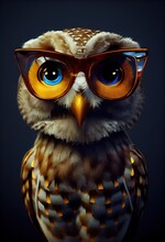Beautiful Cute Owl Portrait, With Wyw Glasses Posing For Camera.
