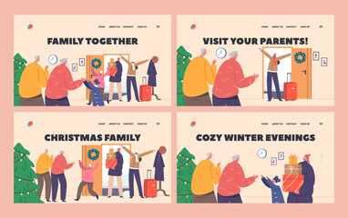 Wall Mural - Family Christmas Landing Page Template Set. Happy Characters Meeting Grandparents at their Home Vector Illustration