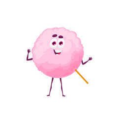 Wall Mural - Cartoon pinky cotton candy floss character. Candy cotton kawaii personage, isolated vector dessert, sweets, pink pastry for kids menu. Sweet confectionery tasty food with cute smiling face.