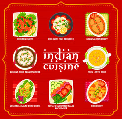 Canvas Print - Indian cuisine restaurant food menu. Chicken curry, tomato cucumber salad Kachumber and corn lentil soup, salmon fish curry and almond soup Badam Shorba, vegetable salad Bund Gobhi, rice Kedgeree