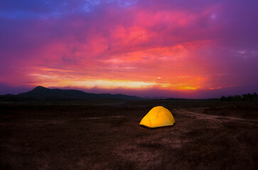 Wall Mural - camping with yellow ten in the beautiful morning and morning mist.