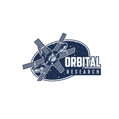 Poster - Orbital research icon. Space exploration program or mission vintage symbol, cosmos research with orbital station retro icon or vector emblem with communication, navigation or weather satellite
