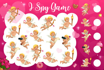Poster - I spy game worksheet, cartoon cupid angels, hearts and love gifts, vector puzzle. I spy riddle game to find and match funny Valentine cupid angels with bow arrows, love letter, flowers and candy cakes