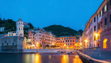 Resort Village Vernazza, Cinque Terre, Italy At Dusk