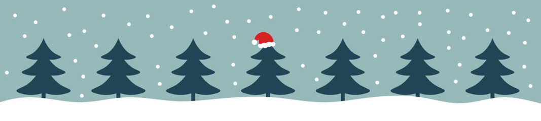 Wall Mural - christmas trees winter forest. christmas santa hat magical design background.