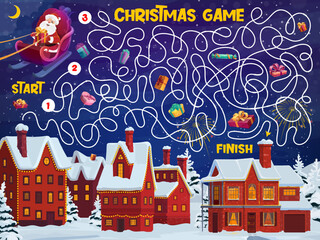 Poster - Christmas labyrinth maze, help Santa to deliver gifts, vector kids game worksheet. Santa on sleigh with gifts bag to find way to deliver Christmas gifts to village town, labyrinth maze puzzle quiz