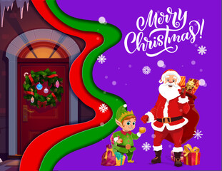 Wall Mural - Christmas paper cut cartoon Santa, door and holiday wreath, vector winter background. Merry Christmas greeting card in paper cut or cutout paper layers with Santa, elf and gifts with snowflakes