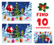 Find ten differences, Christmas kids game quiz, vector cartoon winter holiday puzzle. Santa with gifts at Christmas tree and elf on kids puzzle worksheet to find difference on pictures