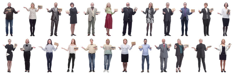 group of happy people with gifts in their hands isolated