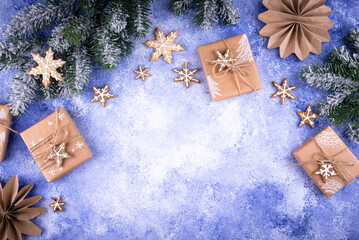 Poster - Christmas gift boxes on blue background