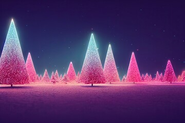 Merry Christmas decorated tree neon background, festive xmas symbol decoration lights scene night celebration and Happy New Year greeting card creative illustration backdrop.